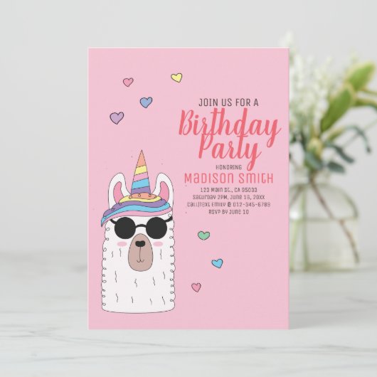 Niedliches Party Llamacorn Einladung zum Geburtsta (Stehend Vorderseite)