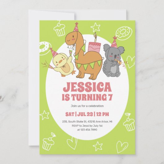 Niedliches Party Tiere Cartoon Kindergeburtstag Einladung (Vorderseite)