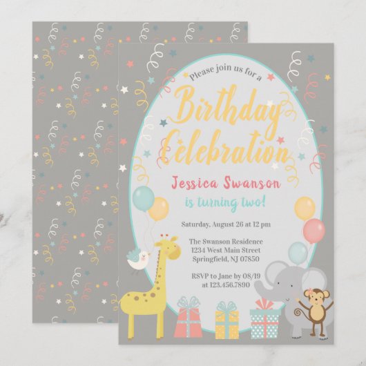 Niedliches Party Tiere Geburtstagsfeier Gelb Einladung (Vorne/Hinten)