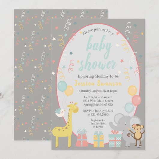 Niedliches Party Tiere Kinderdusche Einladung - Bl (Vorne/Hinten)