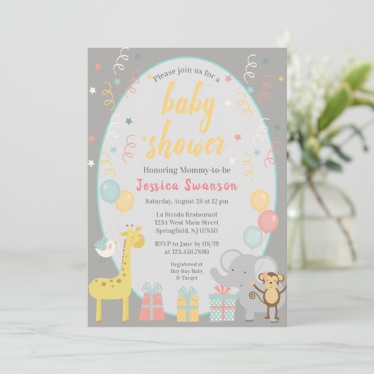 Niedliches Party Tiere Kinderdusche Einladung Gelb (Stehend Vorderseite)