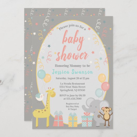 Niedliches Party Tiere Kinderdusche Einladung - Ro (Vorne/Hinten)