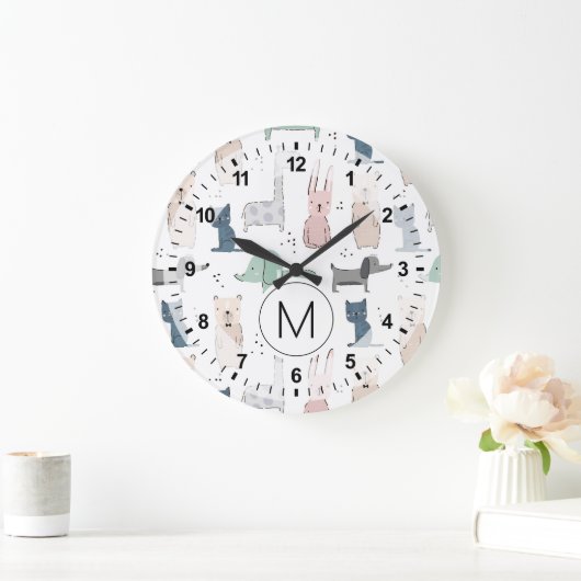 Niedliches Pastel Baby-Tiermuster Große Wanduhr (Zuhause)