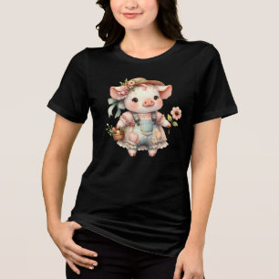 Niedliches Pastell-Ferkel in Cottagecore-Overall Tri-Blend Shirt