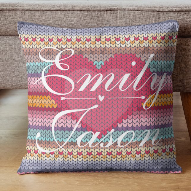 Niedliches Pastellrosa, blaues Herz-Knetmuster Kissen (Cute Pastel Pink Blue Heart Knitted Pattern Throw Pillow)