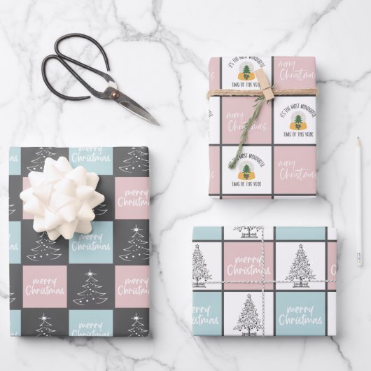 Niedliches pastellrosa und blaues Weihnachtsmuster Geschenkpapier Set (Vorderseite)