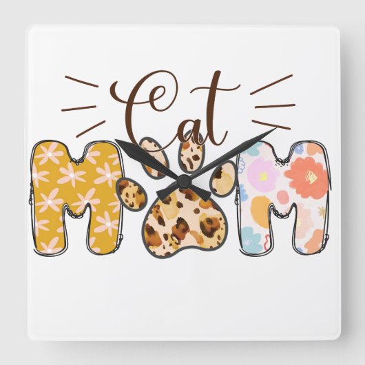 NIEDLICHES PATCH GEMUSTERTES CAT-MAMA-SPRICHWORT QUADRATISCHE WANDUHR (Vorderseite)
