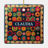 Niedliches Patchwork Floral Quilt Weihnachten Keramikornament (Rückseite)