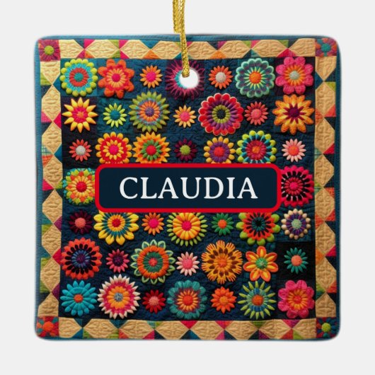 Niedliches Patchwork Floral Quilt Weihnachten Keramikornament (Vorderseite)