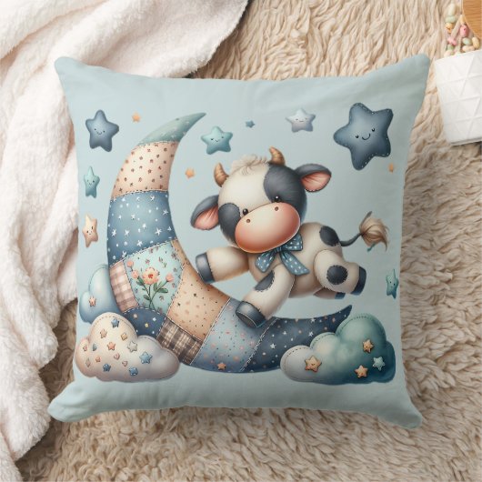 Niedliches Patchwork Kuh Over Moon mit Stars Kissen (Decke)