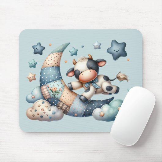 Niedliches Patchwork Kuh Over Moon mit Stars Mousepad (Mit Mouse)