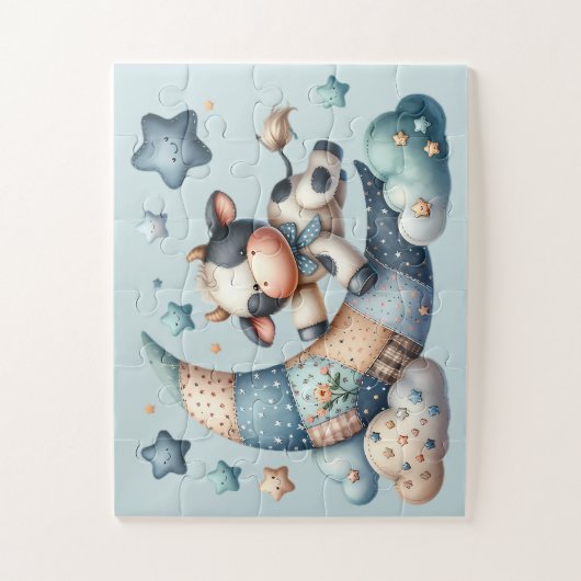 Niedliches Patchwork Kuh Over Moon mit Stars Puzzle (Vertikal)