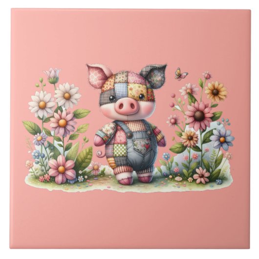 Niedliches Patchwork Piglet im Blumengarten Fliese (Vorderseite)