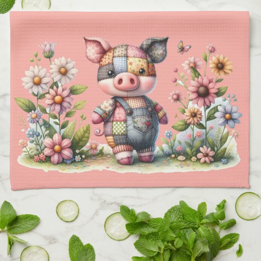 Niedliches Patchwork Piglet im Blumengarten Geschirrtuch (Gefaltet)