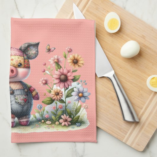 Niedliches Patchwork Piglet im Blumengarten Geschirrtuch (Viertel Falte)