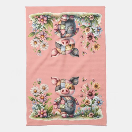 Niedliches Patchwork Piglet im Blumengarten Geschirrtuch (Vertikal)