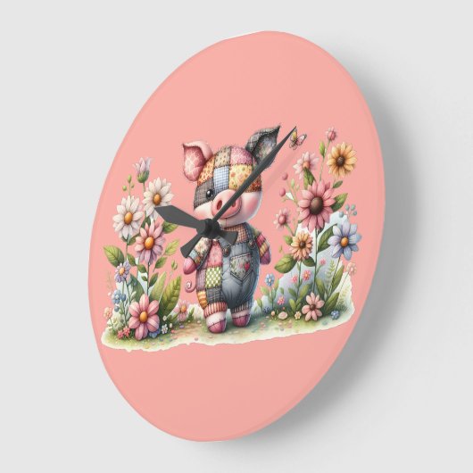 Niedliches Patchwork Piglet im Blumengarten Große Wanduhr (Winkel)