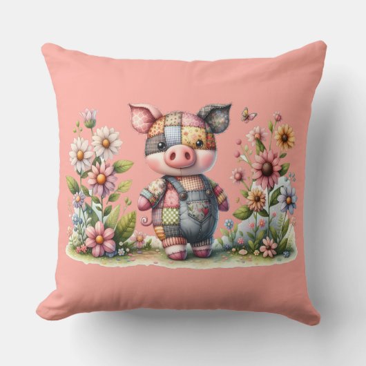 Niedliches Patchwork Piglet im Blumengarten Kissen (Vorderseite)