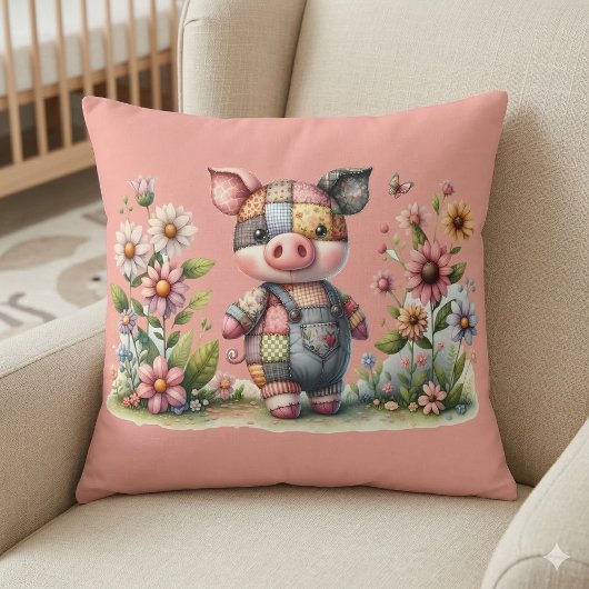 Niedliches Patchwork Piglet im Blumengarten Kissen