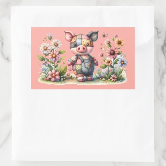 Niedliches Patchwork Piglet im Blumengarten Magnet Rechteckiger Aufkleber (Tasche)