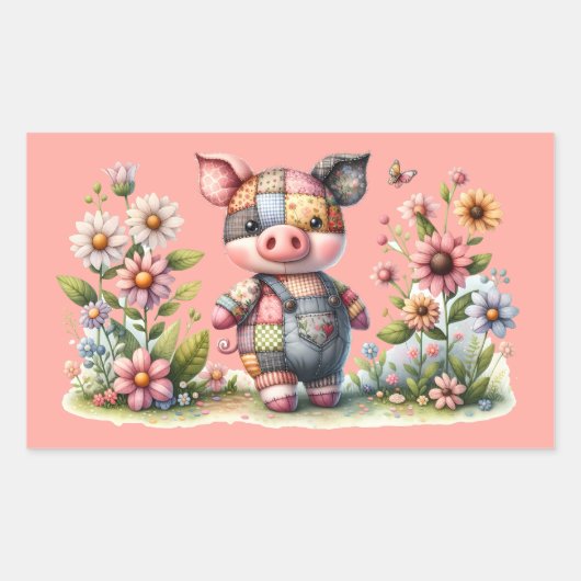 Niedliches Patchwork Piglet im Blumengarten Magnet Rechteckiger Aufkleber (Vorderseite)