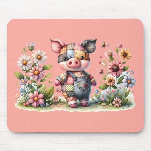 Niedliches Patchwork Piglet im Blumengarten Mousepad (Vorne)