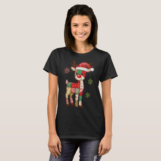 Niedliches Patchwork Reindei Weihnachten Weihnacht T-Shirt (Vorne ganz)