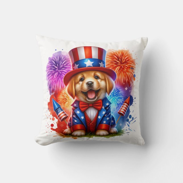 Niedliches Patriotic Uncle Sam Puppy Fireworks Kissen (Vorderseite)