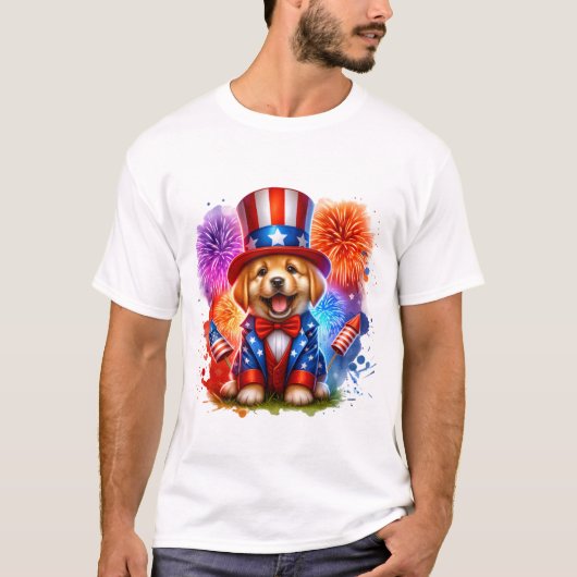 Niedliches Patriotic Uncle Sam Puppy Fireworks T-Shirt (Vorderseite)