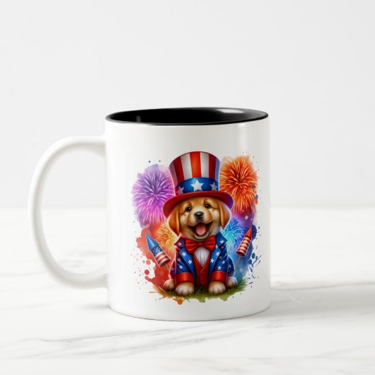 Niedliches Patriotic Uncle Sam Puppy Fireworks Zweifarbige Tasse (Links)