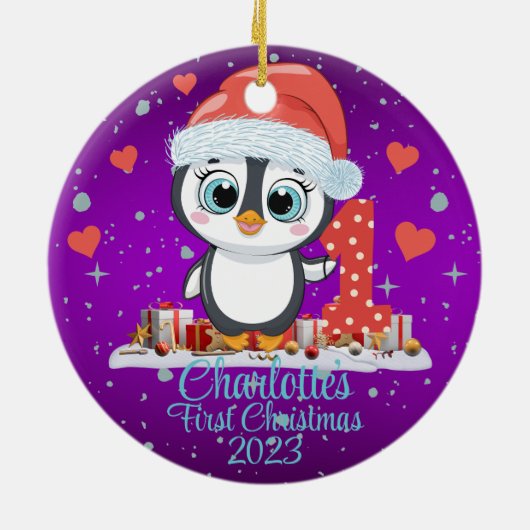 Niedliches Penguin Baby's First Christmas Lila Keramik Ornament (Hinten)
