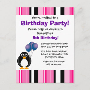 Niedliches Penguin-Geburtstags-Rosa-lila Party Einladung