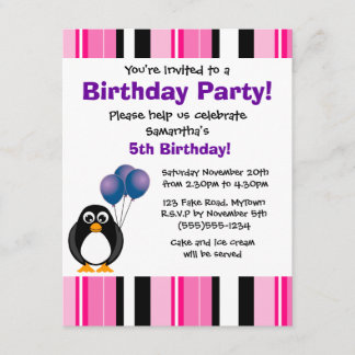 Niedliches Penguin-Geburtstags-Rosa-lila Party Einladung