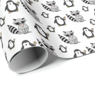 Niedliches Penguin Racoon Buddies Baby-Geschenk Geschenkpapier