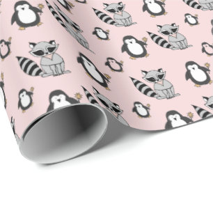 Niedliches Penguin Racoon Buddies Baby Geschenk Pi Geschenkpapier