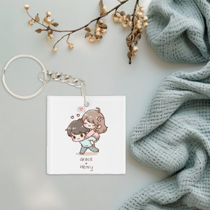 Niedliches Personalisiertes Chibi-Style Spielerpaa Schlüsselanhänger