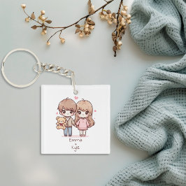 Niedliches Personalisiertes Teddybärpaar im Chibi- Schlüsselanhänger