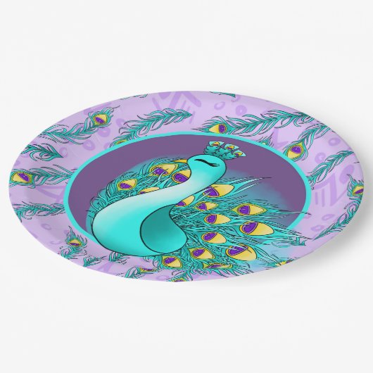 Niedliches Pfau-Party Pappteller (Schrägansicht)