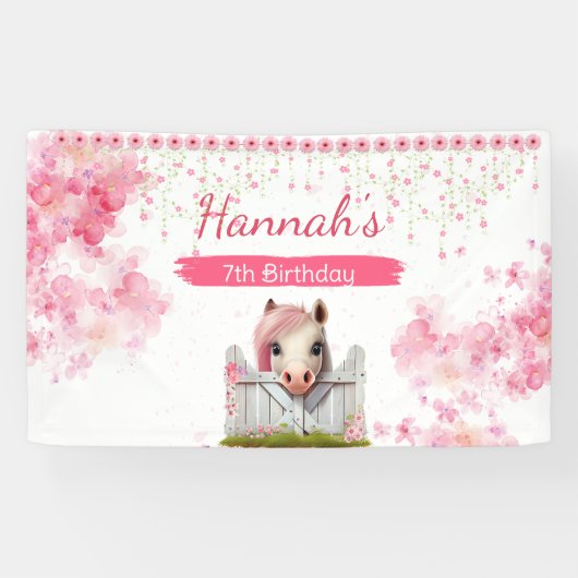 Niedliches Pferd Geburtstag Rosa Blumenrosa Person Banner (Horizontal)