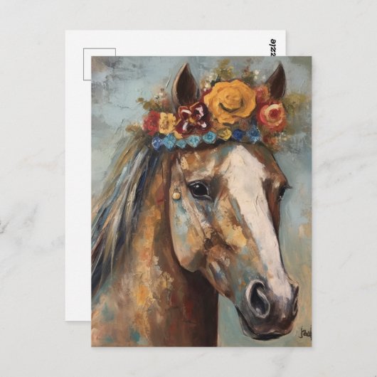 Niedliches Pferd in einer Blumenkrone Postkarte (Vorne/Hinten)