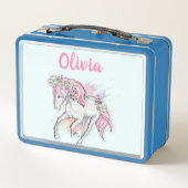 Niedliches Pferd mit Blume Zurück zur Schule Mädch Metall Brotdose (Rückseite)