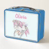 Niedliches Pferd mit Blume Zurück zur Schule Mädch Metall Brotdose (Vorderseite)