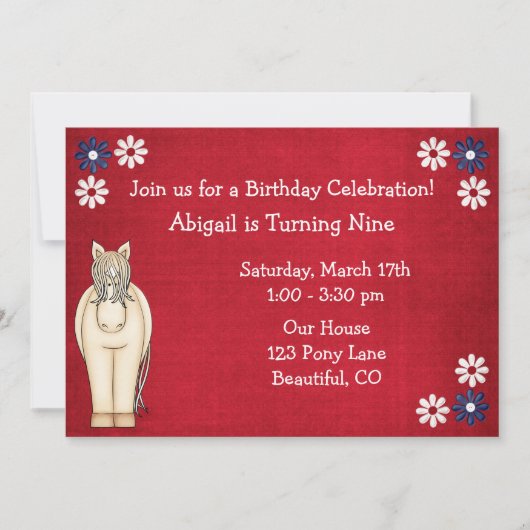 Niedliches Pferd und Blume Rotes Weiß und Blau Geb Einladung (Vorderseite)