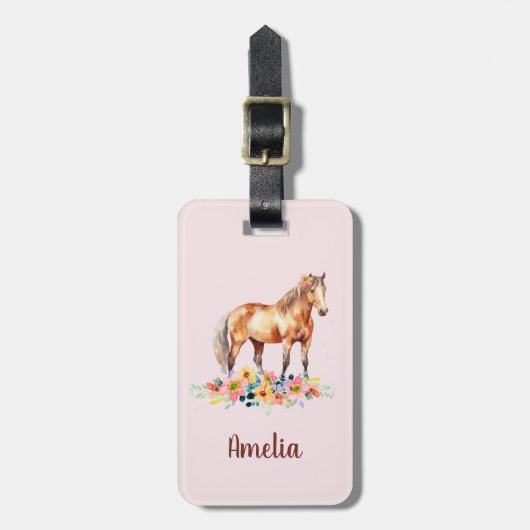 Niedliches Pferd Wasserfarbe Blumenrosa Name Gepäc Gepäckanhänger (Vorderseite vertikal)