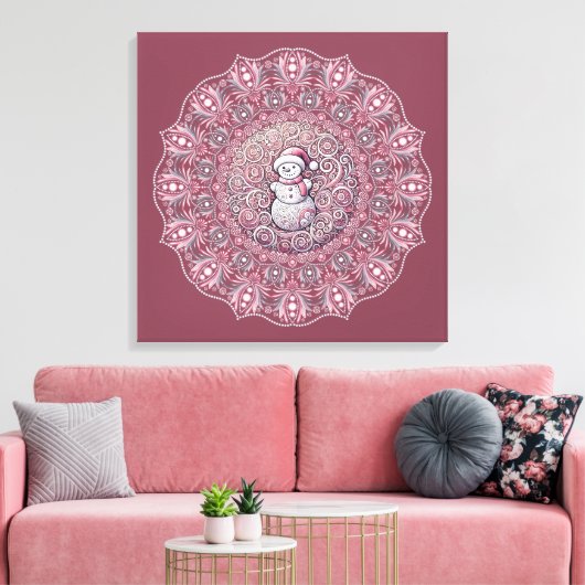 Niedliches Pflasterrosa Schneemann Dot Mandala Leinwanddruck (Insitu (Wohnzimmer))