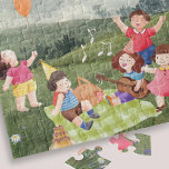 Niedliches Picnic Birthday Kids Girl Gastgeschenk Puzzle<br><div class="desc">Dieses lustige und niedliche Puzzle zum Geburtstag eines Kindes besticht durch eine angenehme Picknickszene, umgeben von Natur, frischer Luft und sonniger Luft. Wir sehen Kinder spielen, Drachenfliegen, einen Ballon, einen Kuchen, eine Gitarre, einen Picknickkorb und einen kleinen Vogel, der auf einem Ballon sitzt. Dieses niedliche und reizvolle Puzzle wird bestimmt...</div>