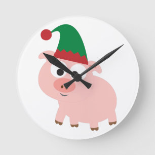 Niedliches Pig Christmas Elf Runde Wanduhr