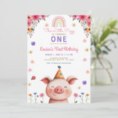Niedliches Piggy Pink Blumengrün Geburtstag Einladung (Stehend Vorderseite)