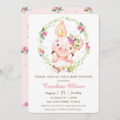 Niedliches Piggy Pink Blumengrün Kinderdusche Einladung (Vorne/Hinten)