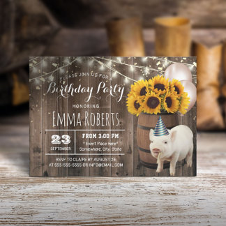 Niedliches Piggy Rustic Sonnenblume Geburtstagspar Einladung